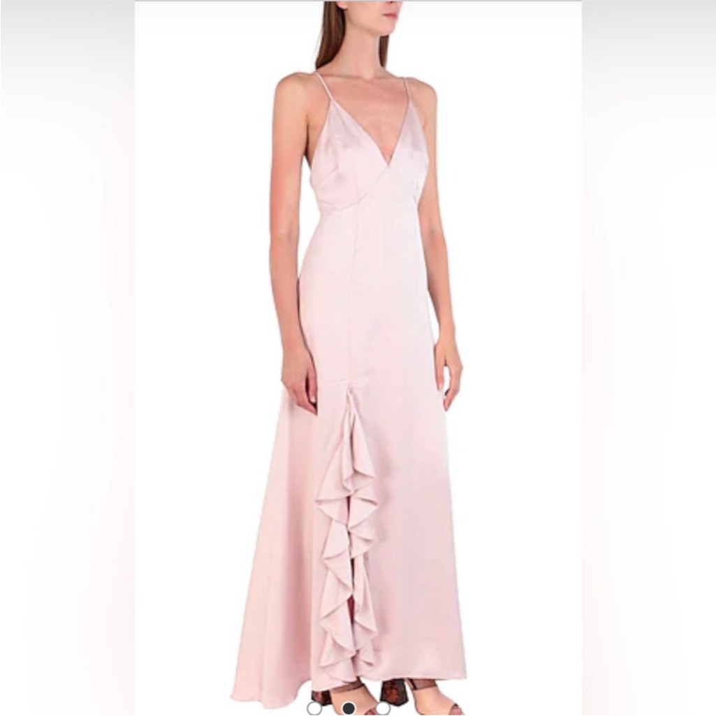 Keepsakes The Label Soft Pink Satin Elegant Ruffle-Front Maxi Dress